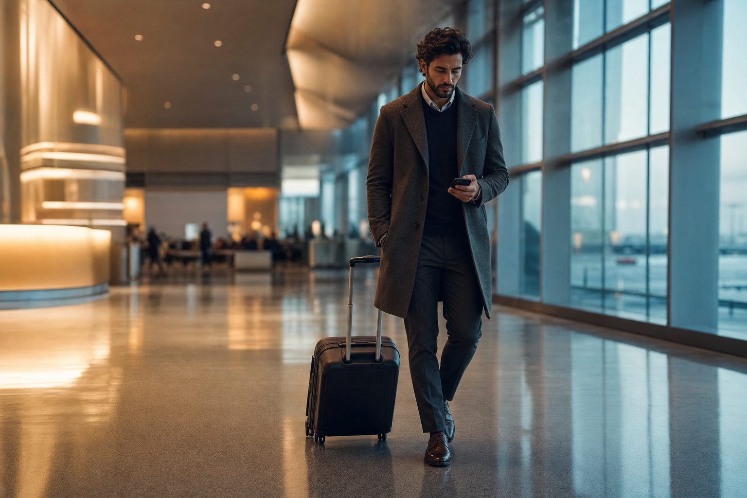 A man walking through a modern airport terminal with a suitcase, checking his phone