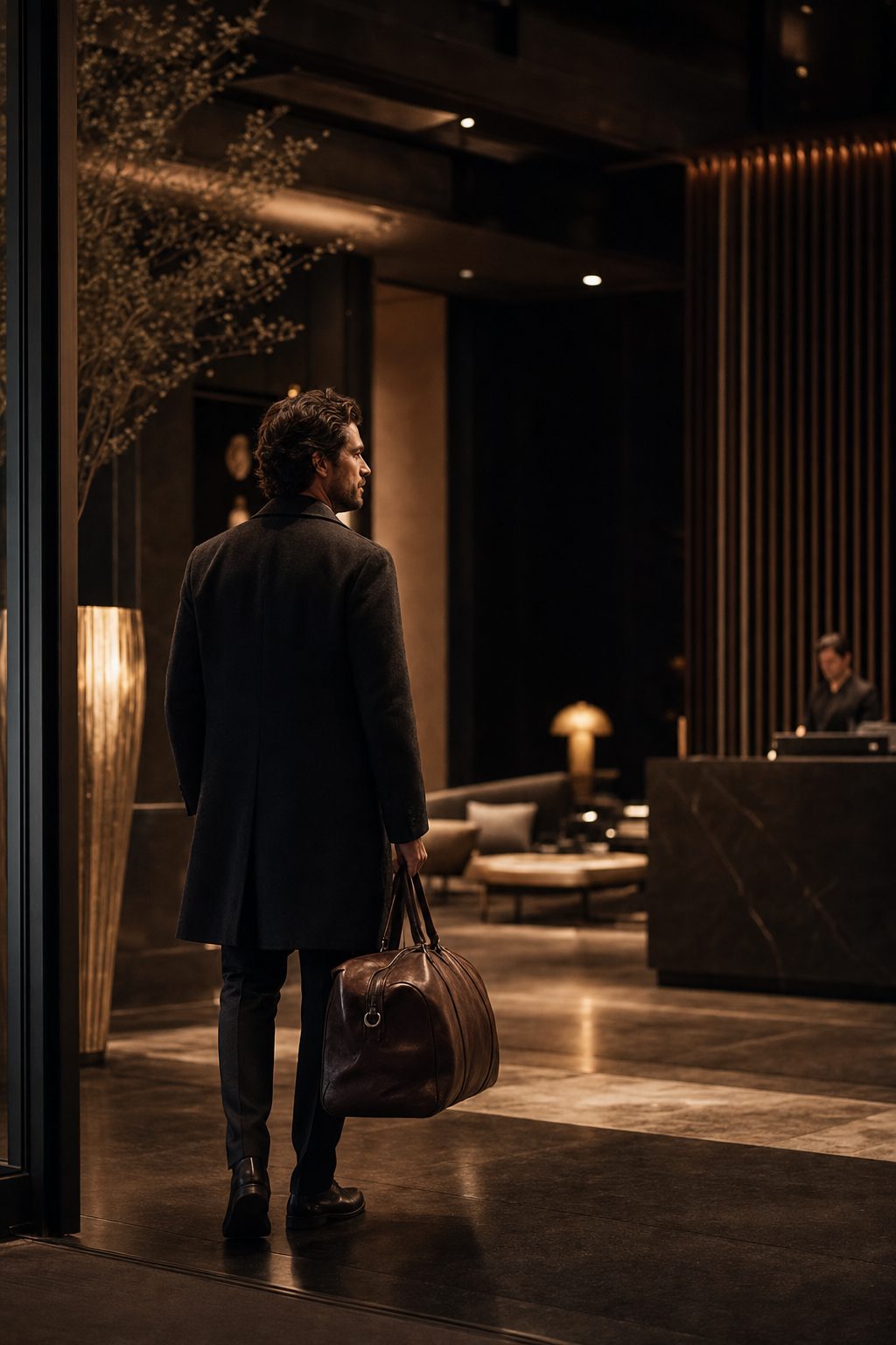 A man arriving at a modern hotel lobby at night with a bag