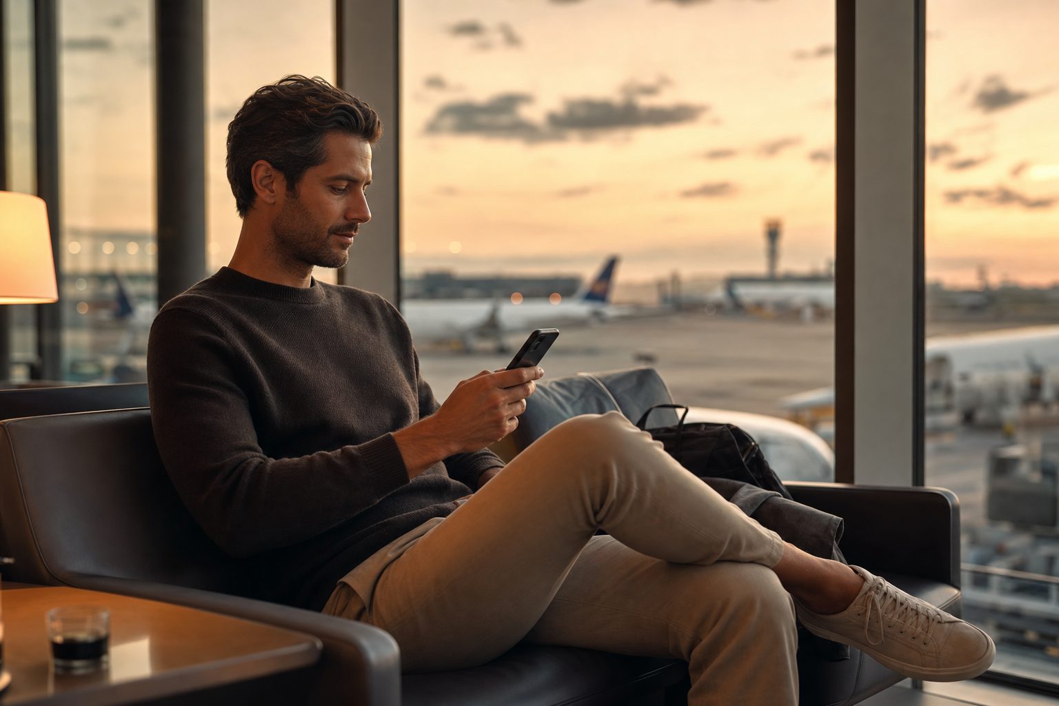 A man sitting in an airport lounge chair checking his phone